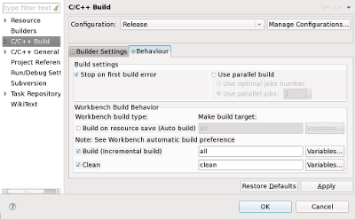 Eclipse C/C++ Build Behavior Settings set up for CMake