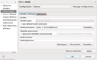 Eclipse C/C++ Builder Settings set up for CMake