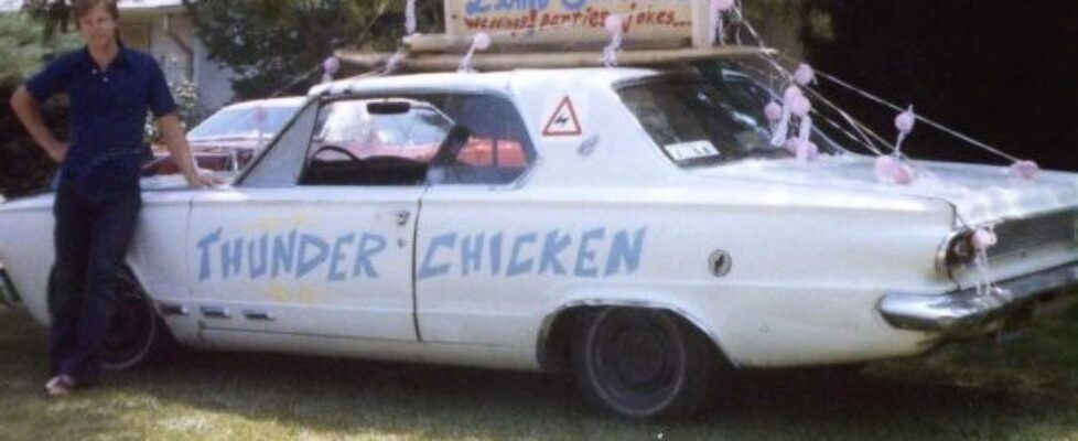 Ian's car at UCSB, with Thunder Chicken emblazoned on the side.