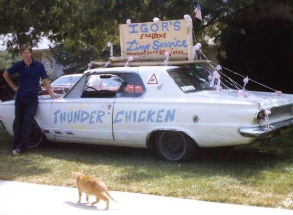 Ian's car at UCSB, with Thunder Chicken emblazoned on the side.